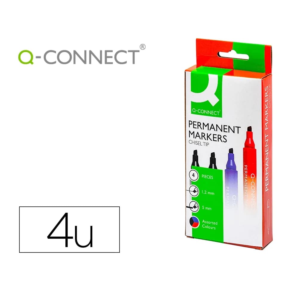 Q-connect Rotulador q-connect marcador permanente estuche de 4 colores surtidos punta biselada 5 mm