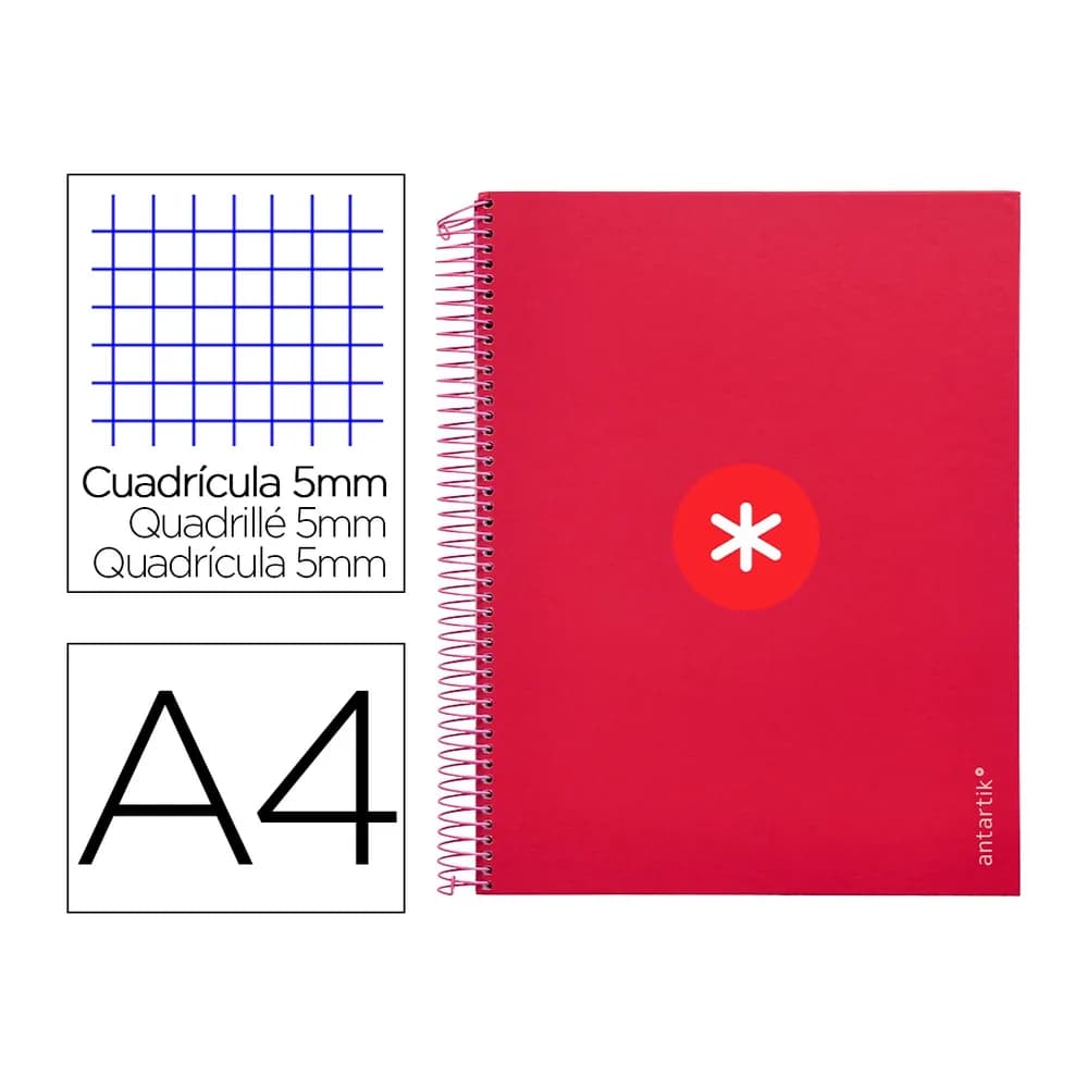 Antartik Cuaderno espiral a4 micro antartik tapa forrada 120h 100 gr cuadro 5mm 5 bandas 4 taladros color frambuesa