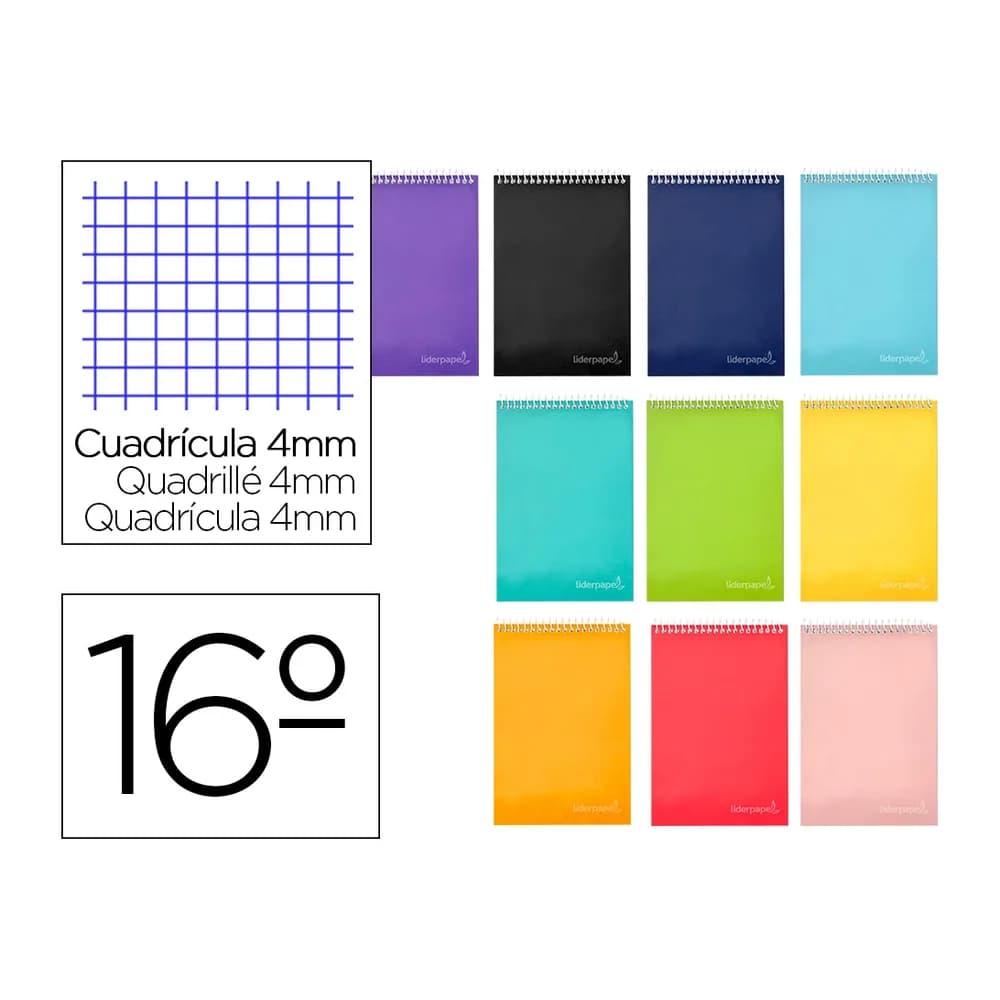 Liderpapel Cuaderno espiral liderpapel bolsillo dieciseiavo apaisado witty tapa dura dura 80h 60gr cuadro 4 mm colores surtidos