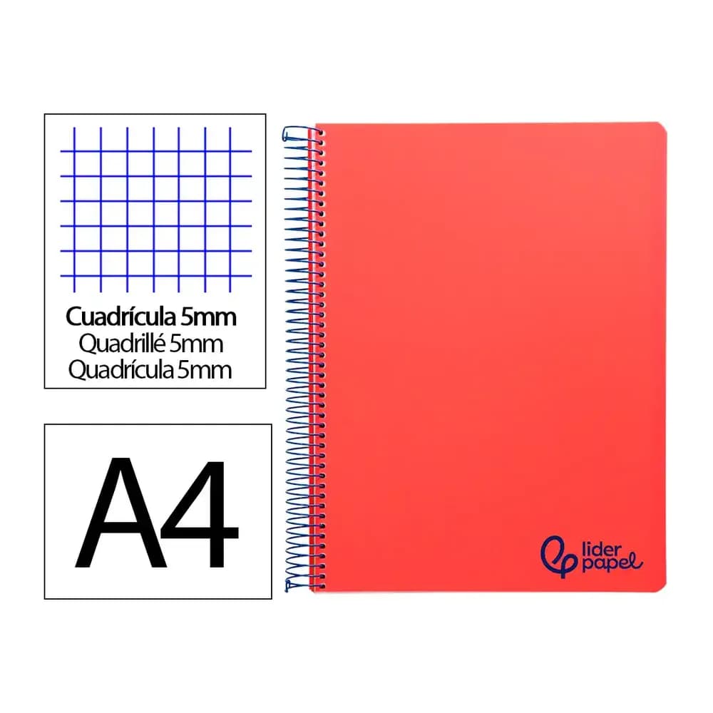 Liderpapel Cuaderno espiral liderpapel a4 micro wonder tapa plastico 120h 90gr cuadro 5mm 5 bandas 4 taladros color rojo