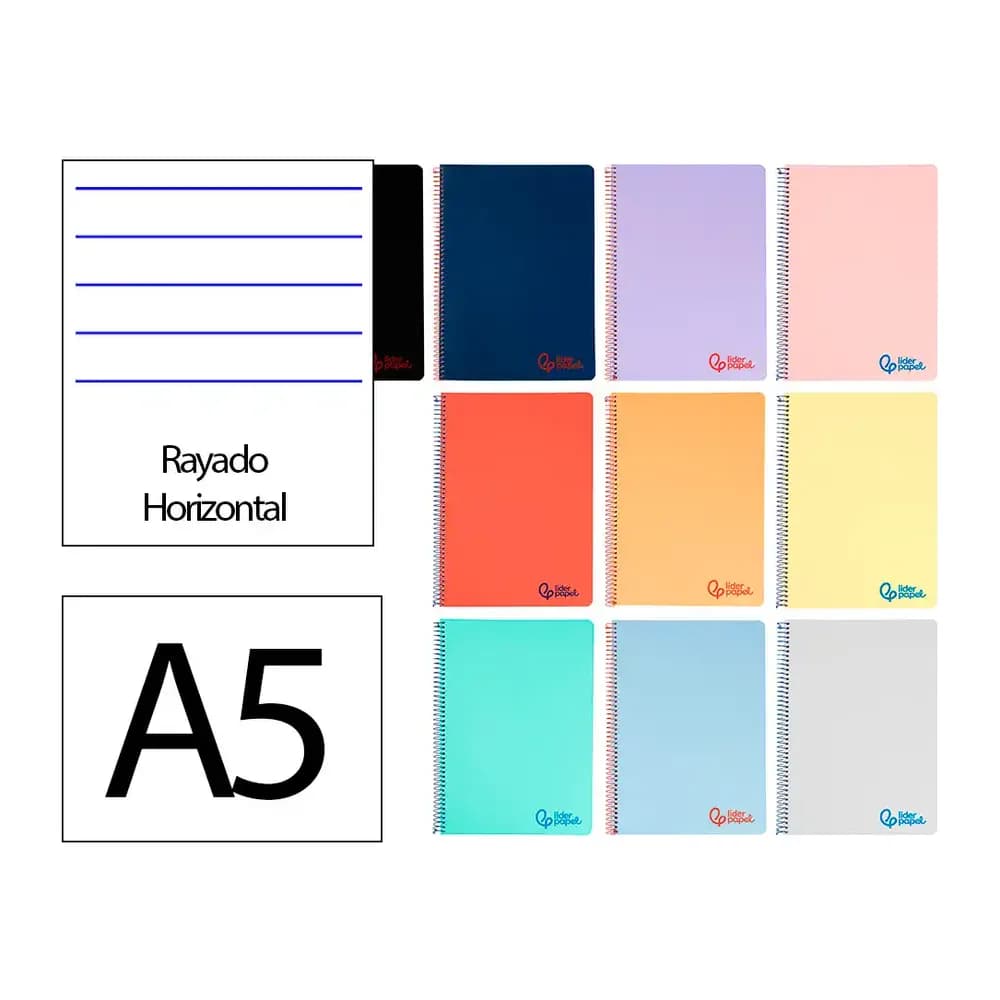 Liderpapel Cuaderno espiral liderpapel a5 wonder tapa plastico 80h 90gr rayado horizontal con margen colores surtidos