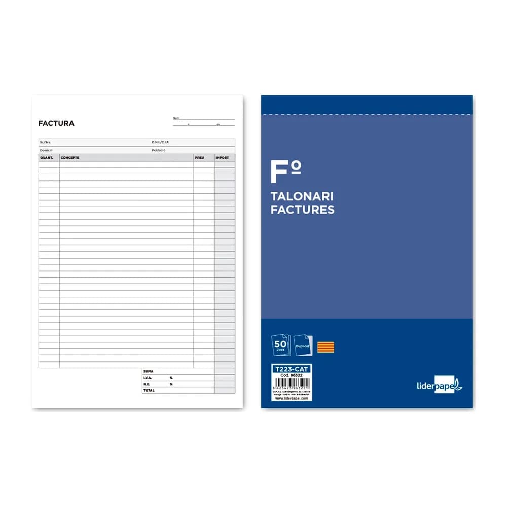 Liderpapel Talonario liderpapel facturas folio original y copia t223 con i.v.a. texto en catalan