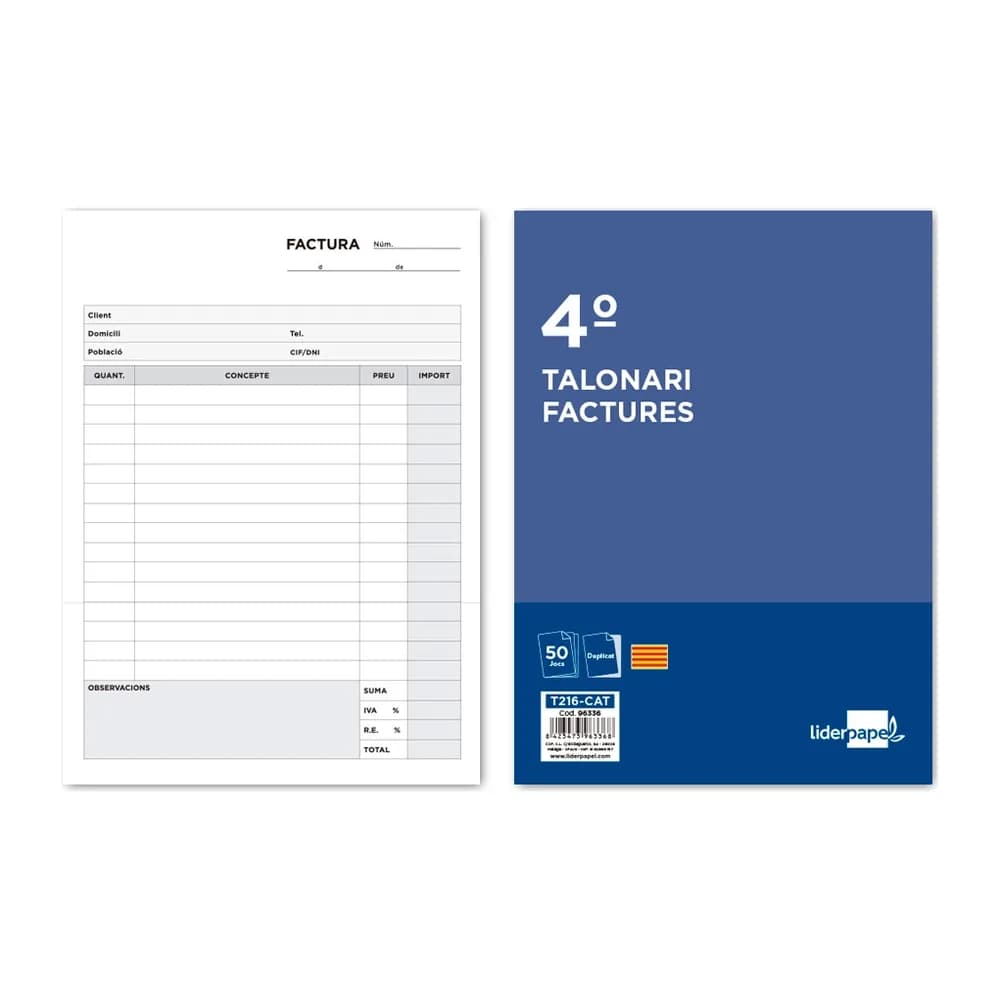 Liderpapel Talonario liderpapel facturas cuarto original y copia t216 con i.v.a. texto en catalan