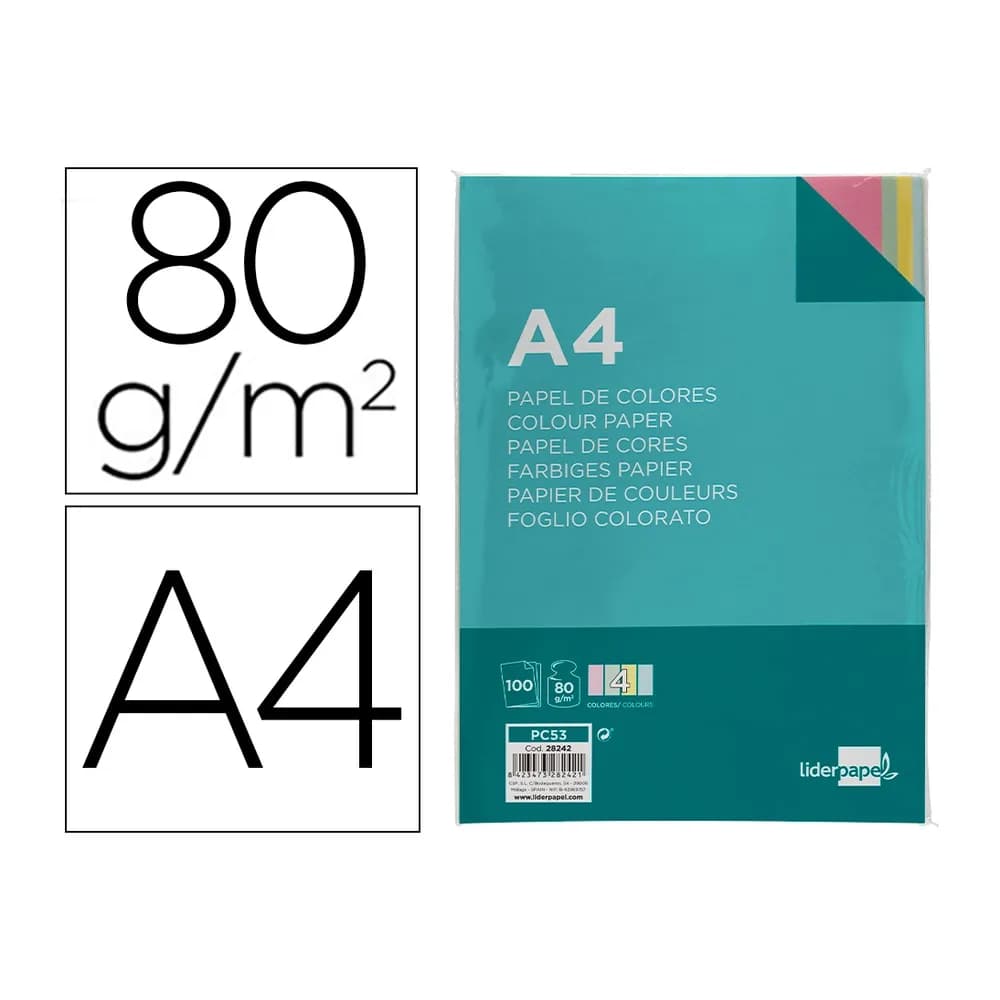 Liderpapel Papel color liderpapel din a4 80gr 4 colores surtidos paquete de 100 hojas