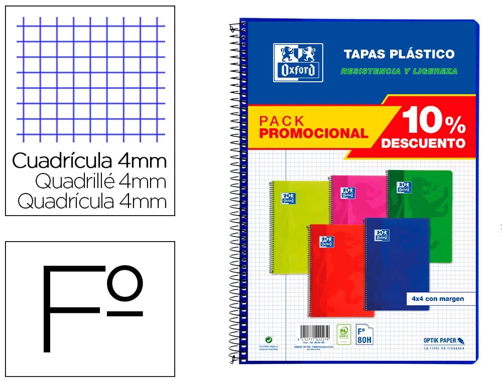 Oxford Cuaderno espiral Oxford tapa plástico folio 80 hojas cuadro 4 mm pack 5 unidades colores vivos