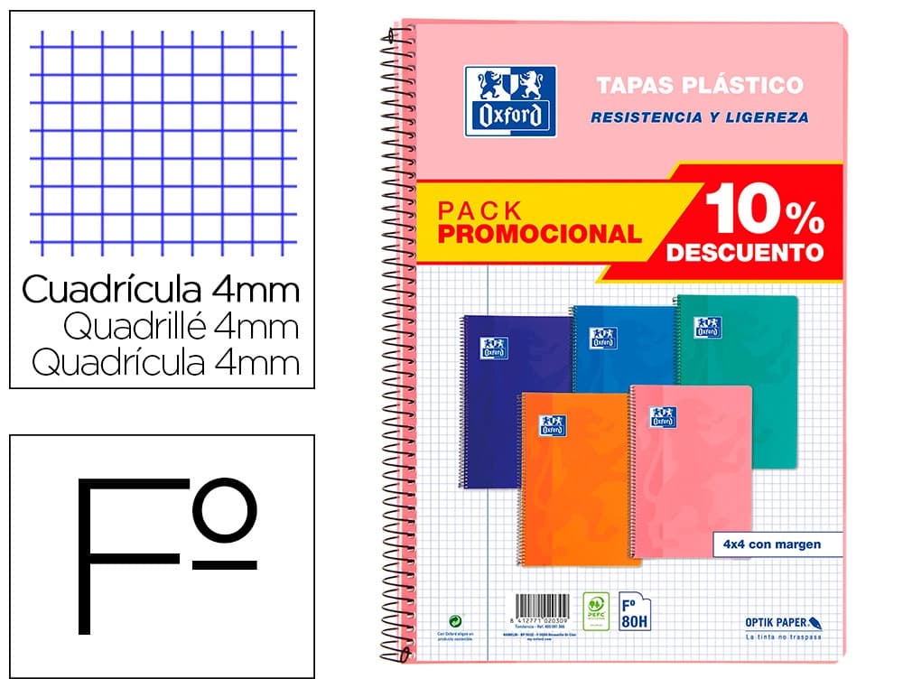 Oxford Cuaderno espiral Oxford tapa plástico folio 80 hojas cuadro 4 mm pack 5 unidades colores tendecias