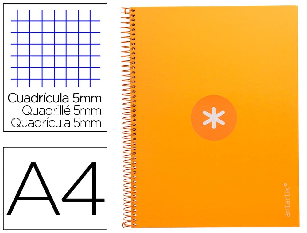 Antartik Cuaderno espiral a4 micro antartik tapa forrada 80h 90 gr cuadro 5mm 1 banda 4 taladros mostaza