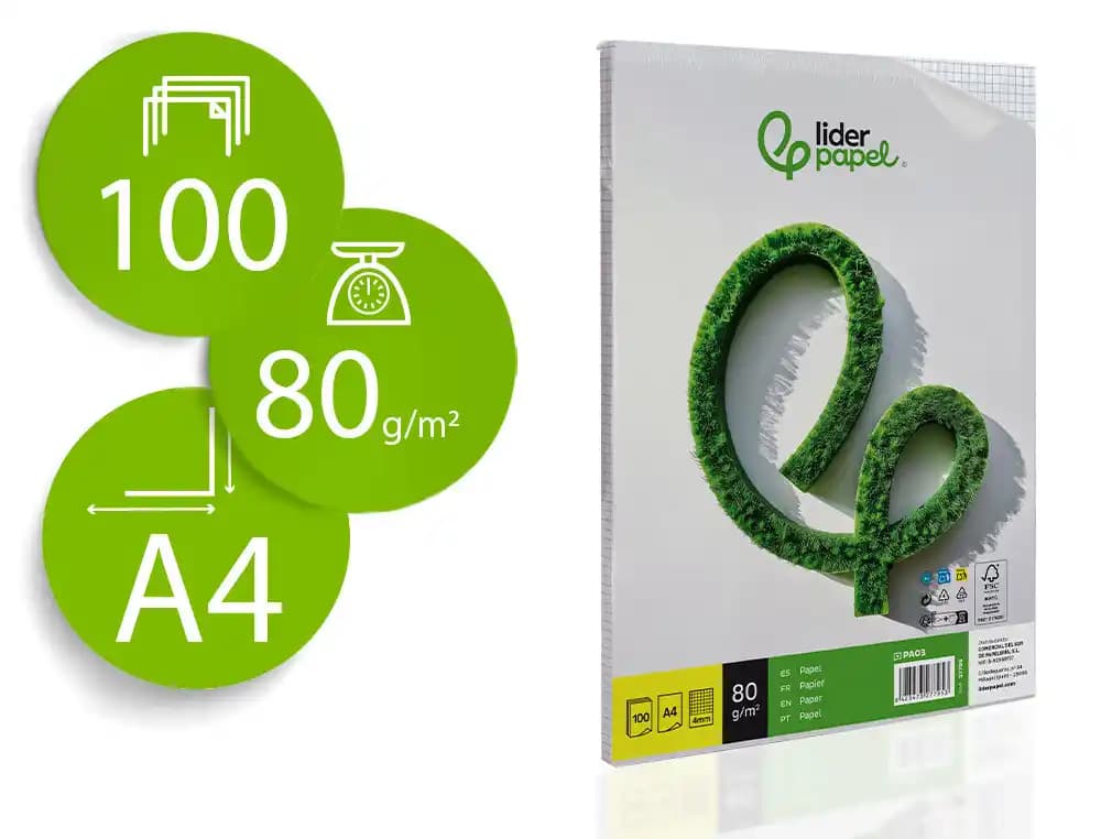 Liderpapel Papel liderpapel a4 80g/m2 sin taladros cuadro 4 mm paquete de 100 hojas