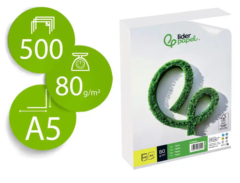 Liderpapel Papel liderpapel a5 80g/m2 liso paquete de 500 hojas