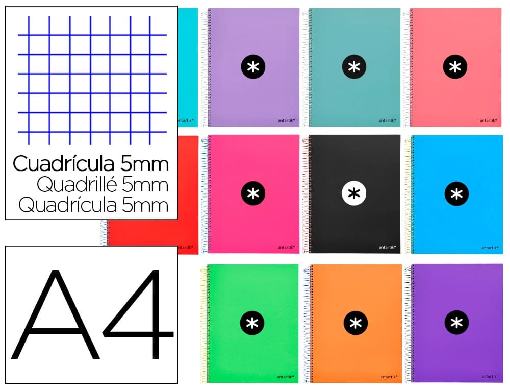 Antartik Cuaderno espiral a4 micro antartik tapa forrada 120h 90 gr cuadro 5mm 5 bandas 4 taladros colores surtidos
