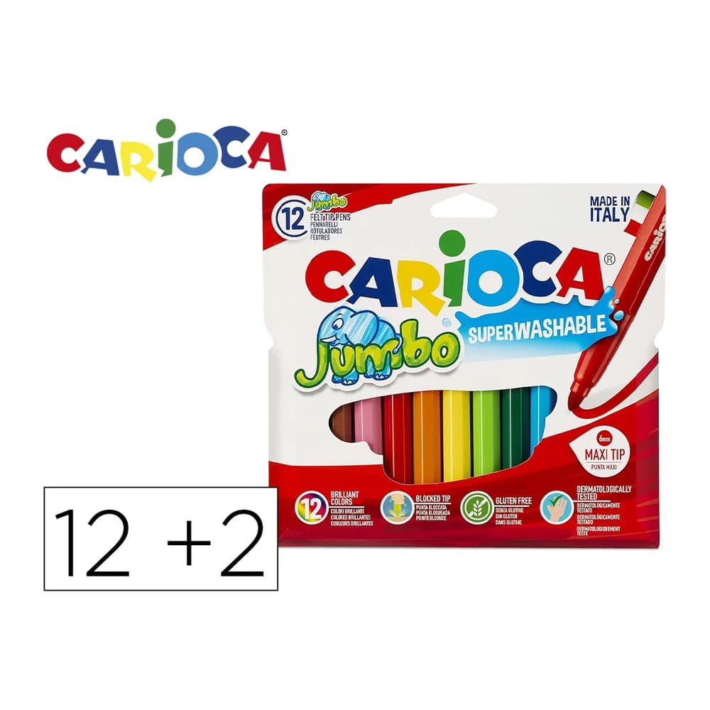 Carioca Rotulador carioca jumbo punta gruesa estuche de 12 unidades colores surtidos + 2 gratis