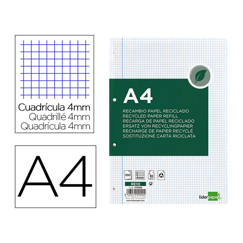 Liderpapel Recambio liderpapel a4 100 hojas papel reciclado 100% 80gr cuadro 4mm con margen 4 taladros