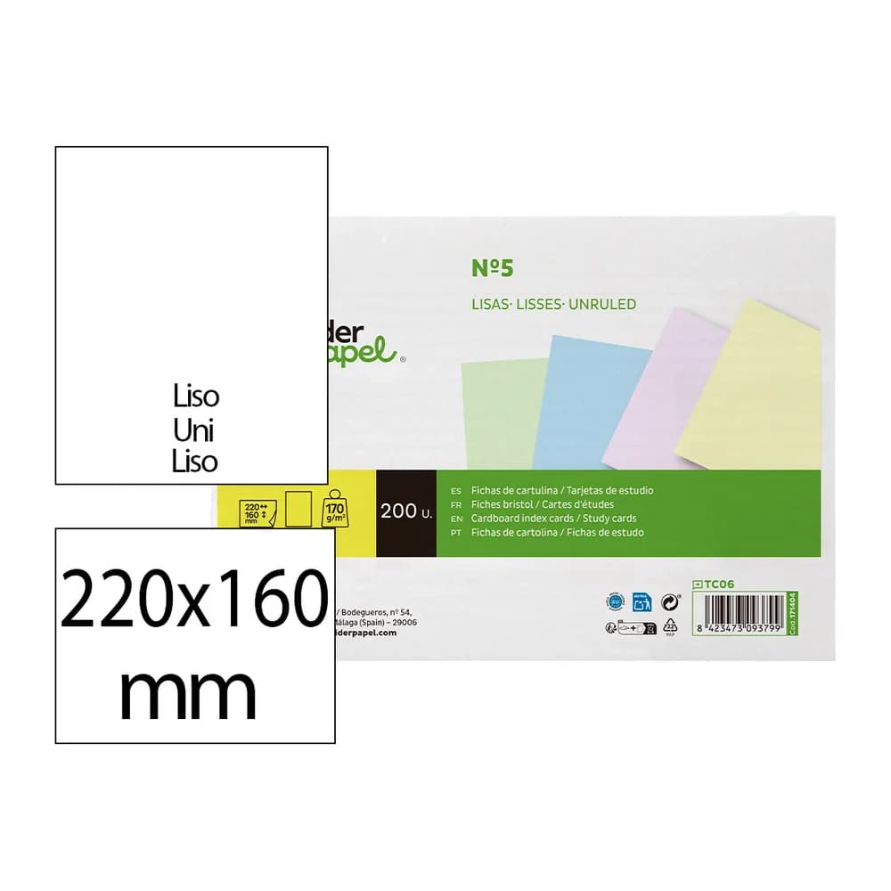 Liderpapel Tarjeta liderpapel para estudiar lisa cartulina de colores 170gr 160x220mm paquete de 200 unidades