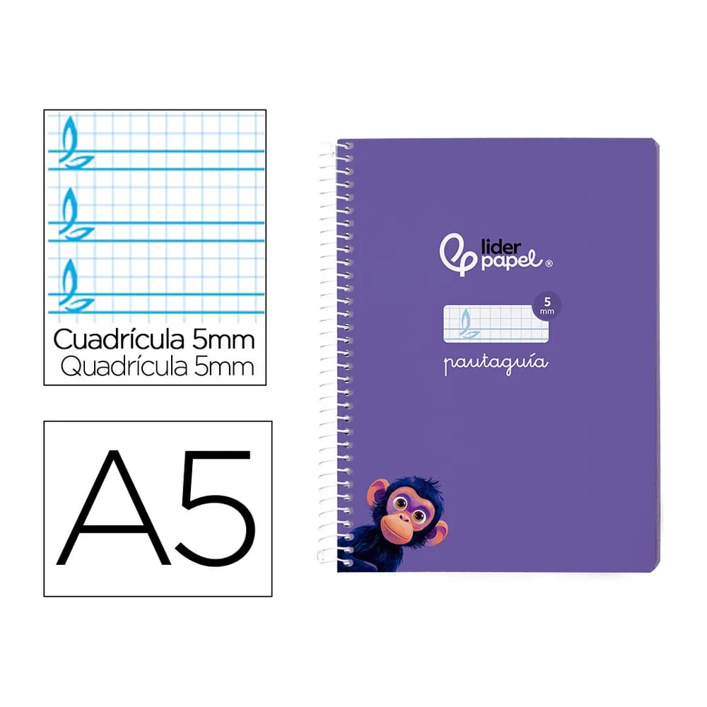 Liderpapel Cuaderno espiral liderpapel a5 pautaguia tapa blanda 40h 75gr cuadro pautado 5mm color lila