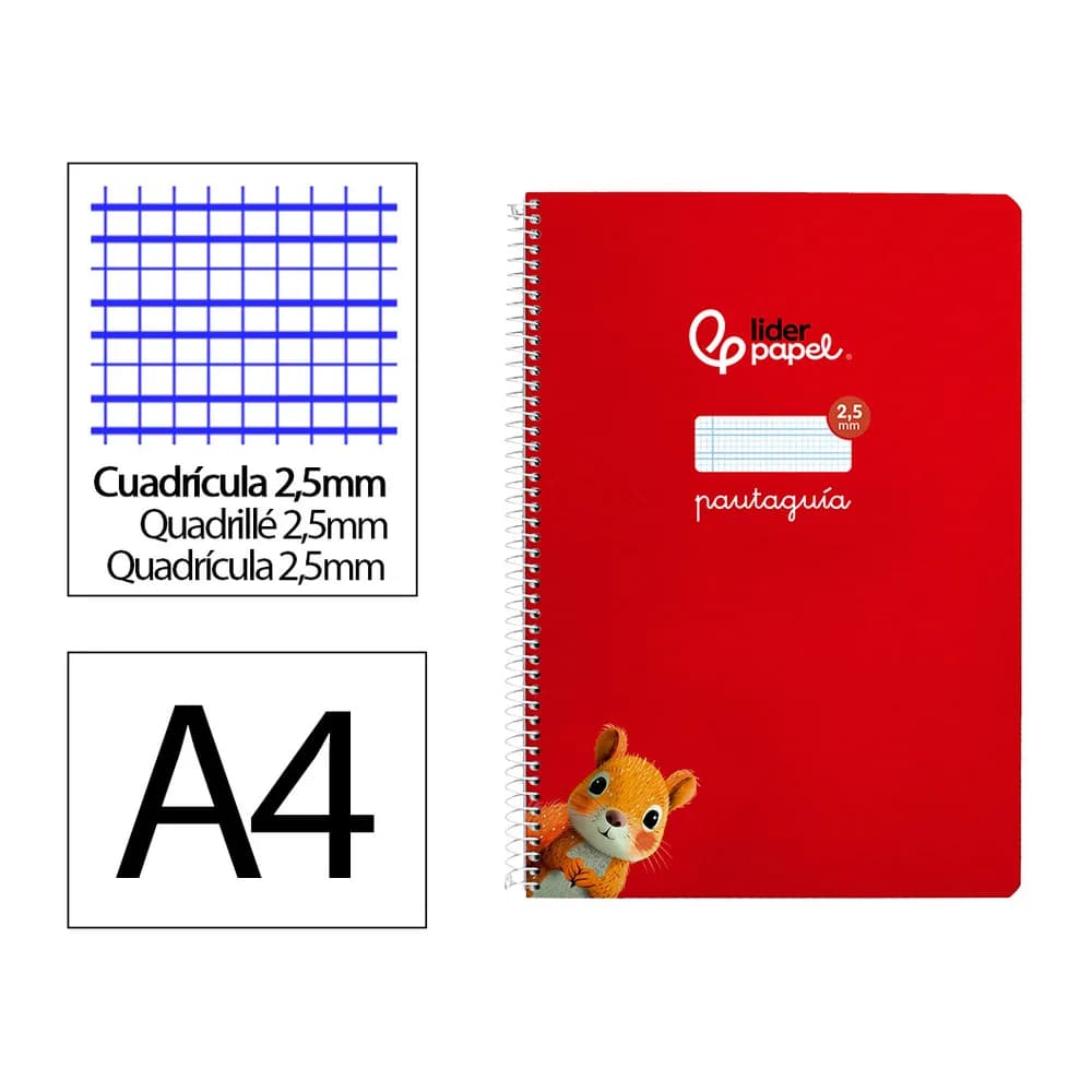 Liderpapel Cuaderno espiral liderpapel a4 pautaguia tapa dura 80h 90 gr cuadro pautado 2,5mm color rojo