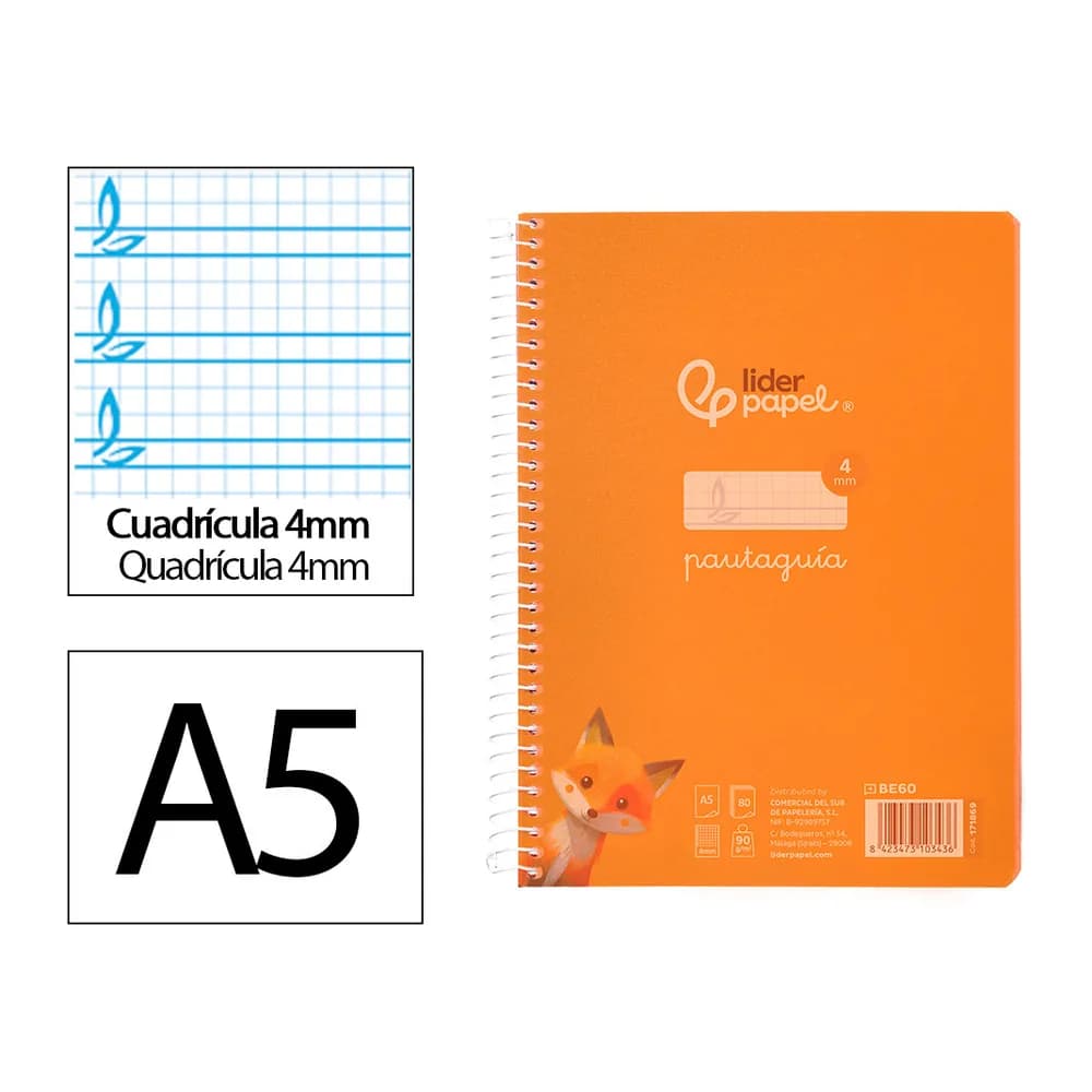 Liderpapel Cuaderno espiral liderpapel a5 pautaguia tapa plastico 80h 90gr cuadro pautado 4mm color naranja