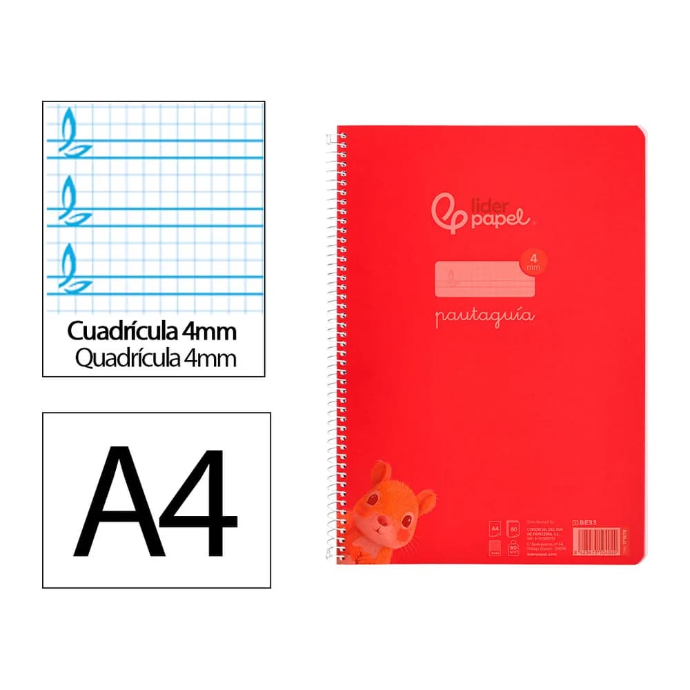 Liderpapel Cuaderno espiral liderpapel a4 pautaguia tapa plastico 80h 90gr cuadro pautado 4mm con margen color rojo