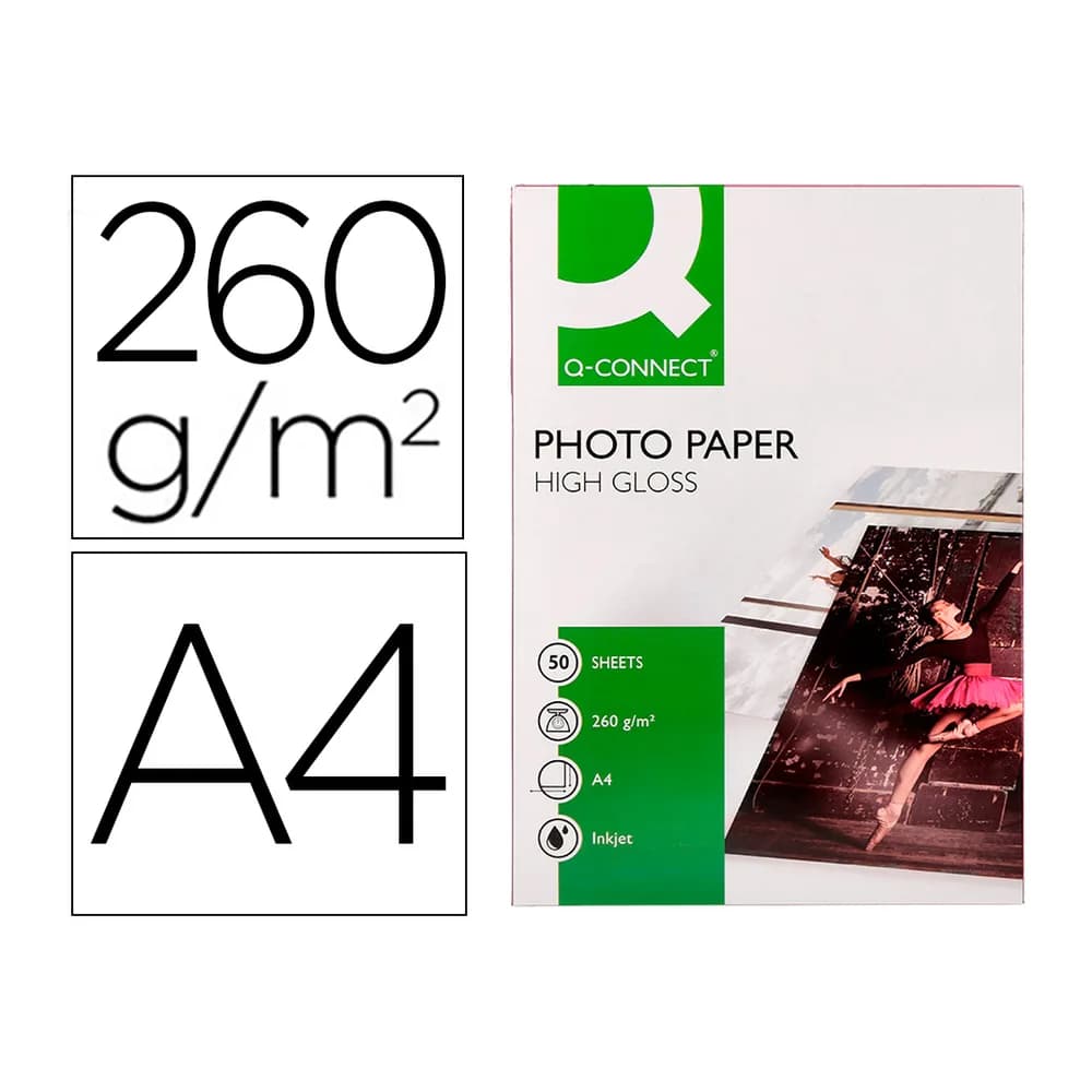 Q-connect Papel q-connect foto glossy din a4 alta calidad digital photo para ink-jet bolsa de 50 hojas de 260 gr