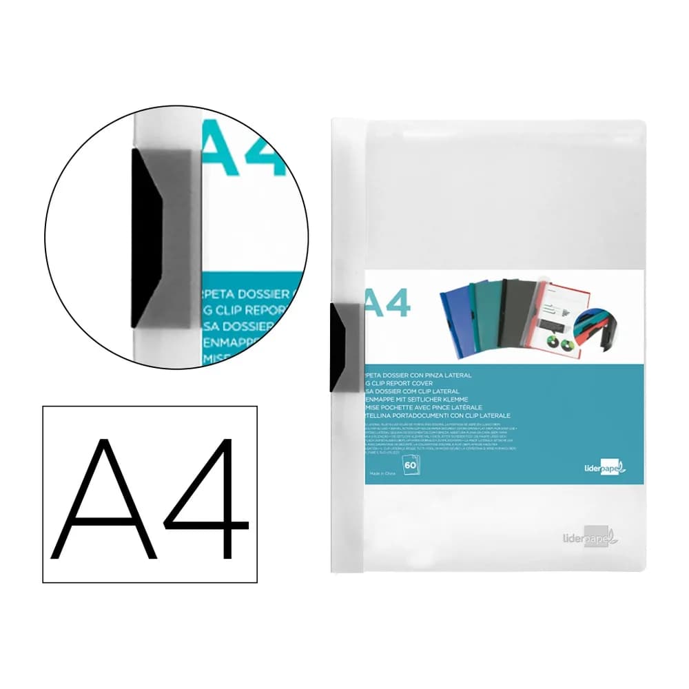 Liderpapel Carpeta liderpapel dossier pinza lateral polipropileno din a4 transparente 60 hojas pinza deslizante