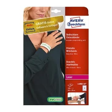 Avery Pulsera identificativa avery polietileno blanca imprimible laser 265x18 mm pack de 50 unidades