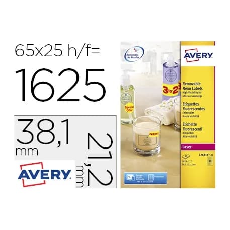 Avery Etiqueta adhesiva avery tamaño 38,1x21,2 mm removible amarillo fluorescente caja de 1625 unidades