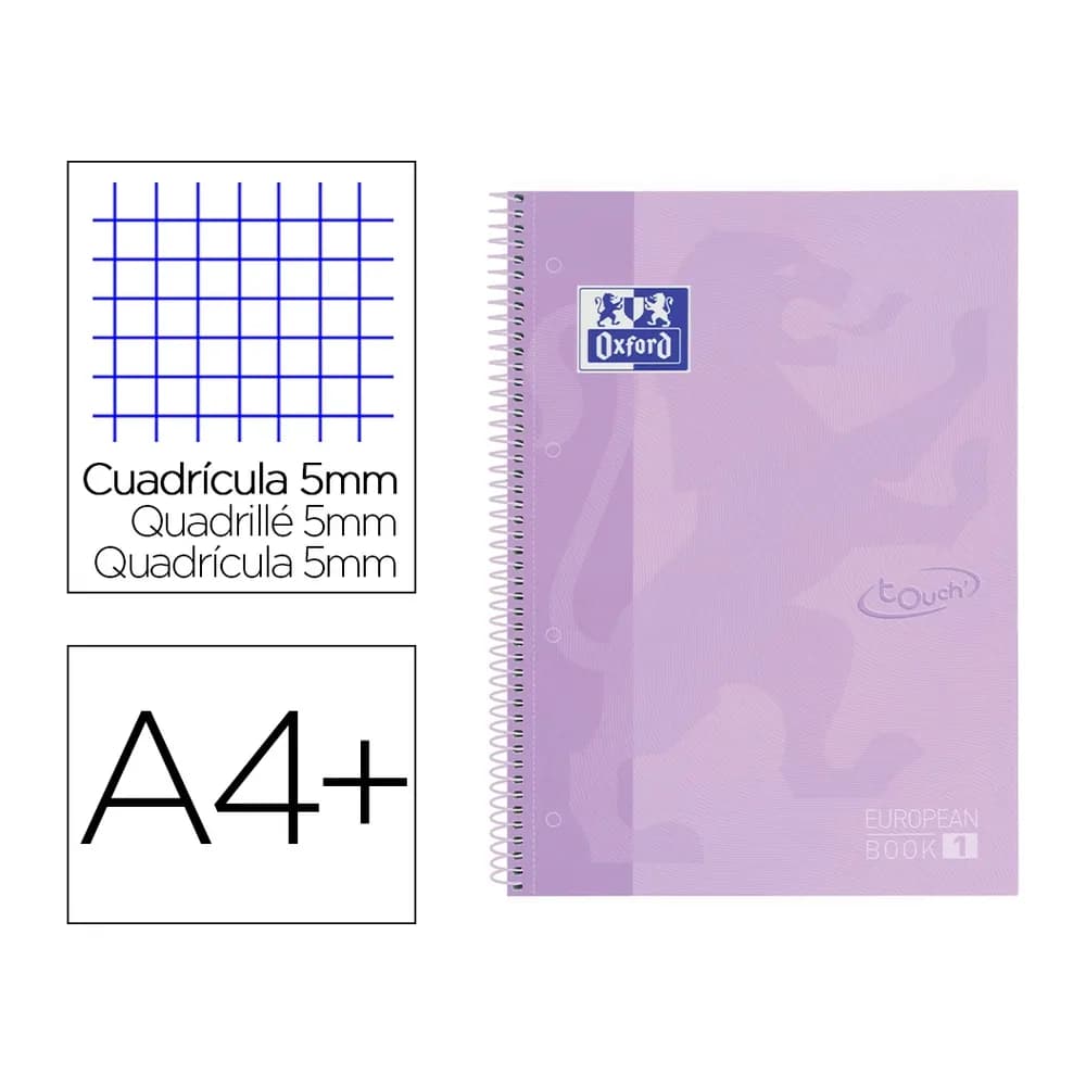 Oxford Cuaderno espiral oxford ebook 1 school touch te din a4+ 80 hojas cuadro 5 mm con margen malva pastel