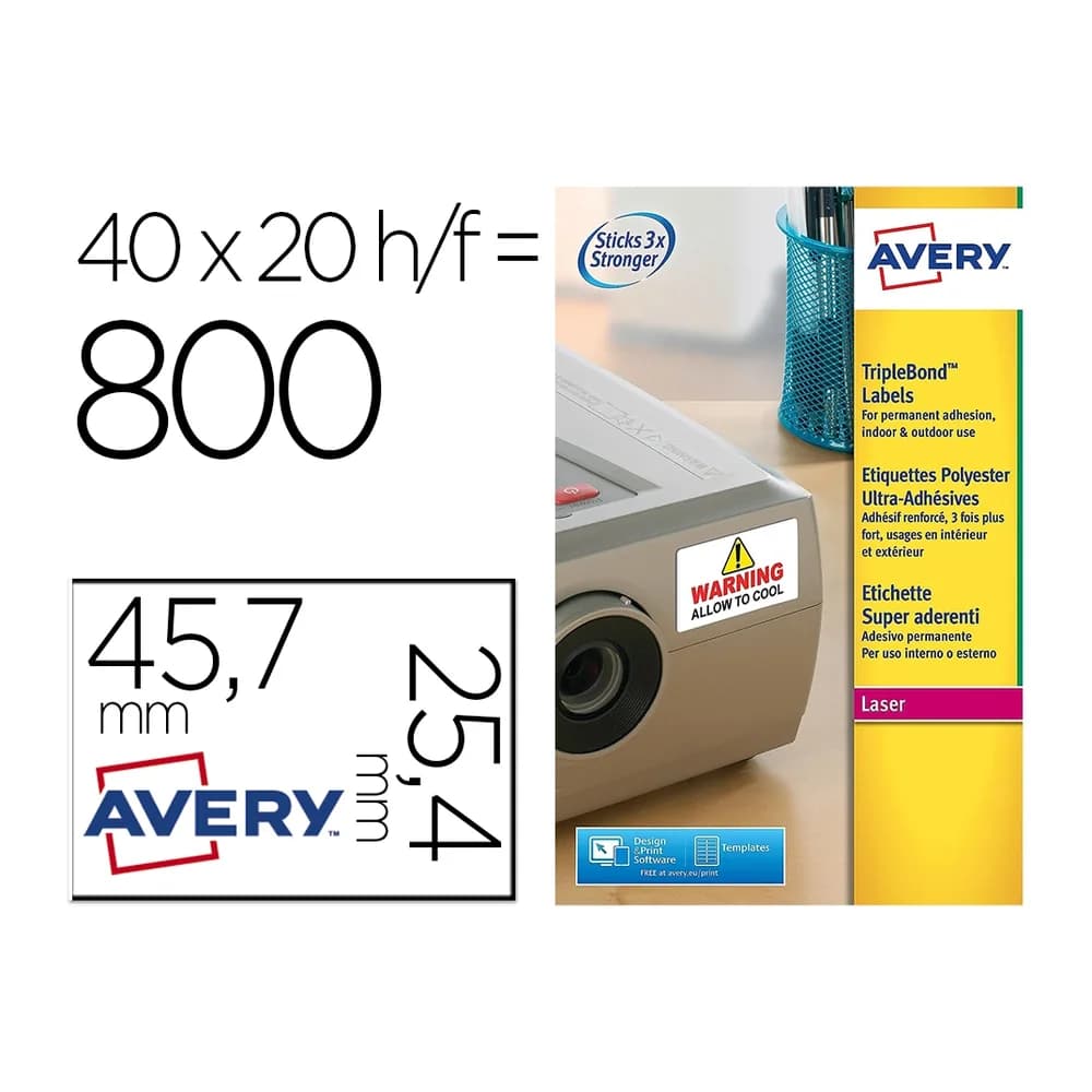 Avery Etiqueta adhesiva avery poliester super adherente blanca 45,7x25,4 mm laser pack de 800 unidades