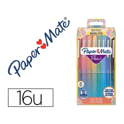Papermate Rotulador paper mate flair original punta fibra tropical estuche rigido de 16 unidades colores surtidos