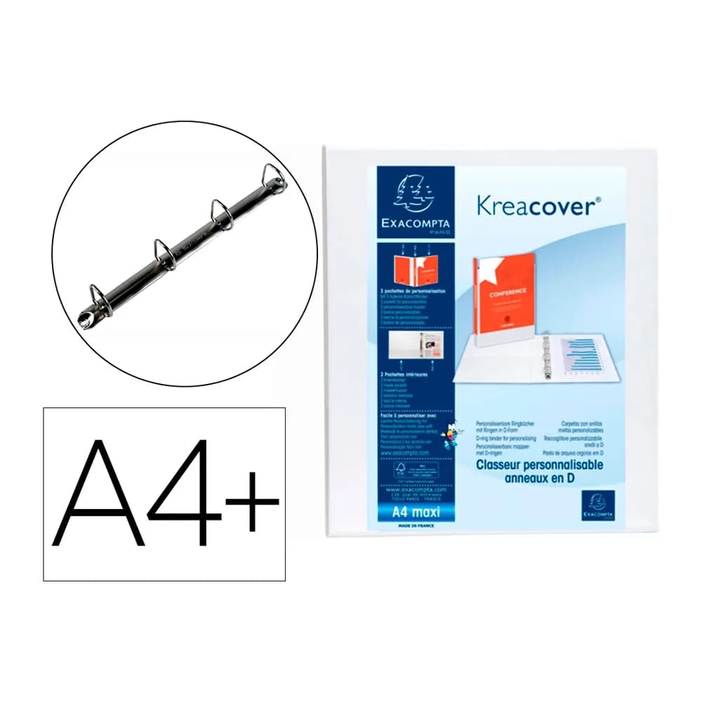 Exacompta Carpeta exacompta canguro 4 anillas 30 mm din a4+ carton forrado polipropileno personalizable 3 bolsillos