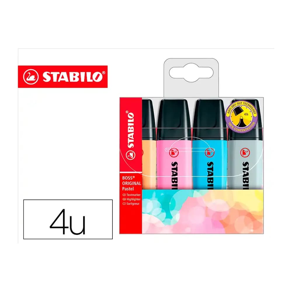 Stabilo Rotulador stabilo boss fluorescente 70 pastel estuche de 4 unidades colores surtidos