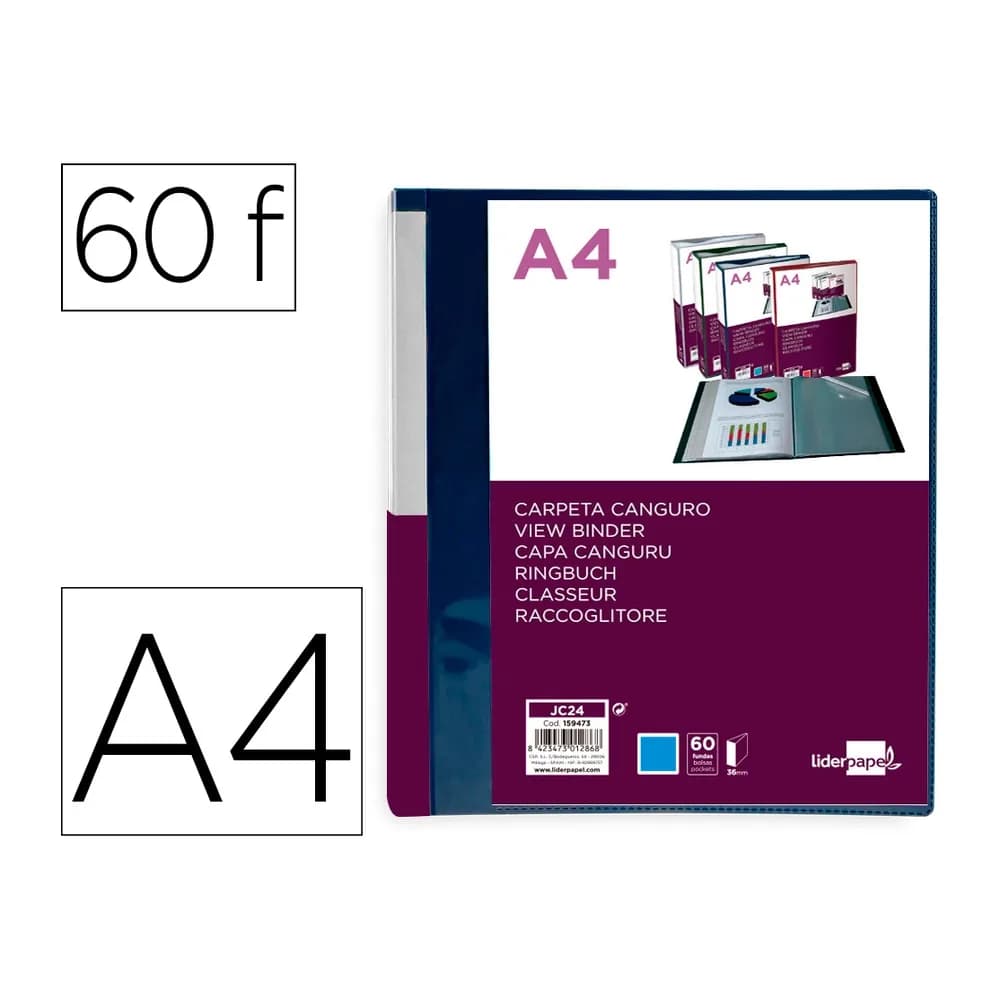 Liderpapel Carpeta liderpapel 60 fundas canguro pp din a4 translucido portada y lomo personalizable