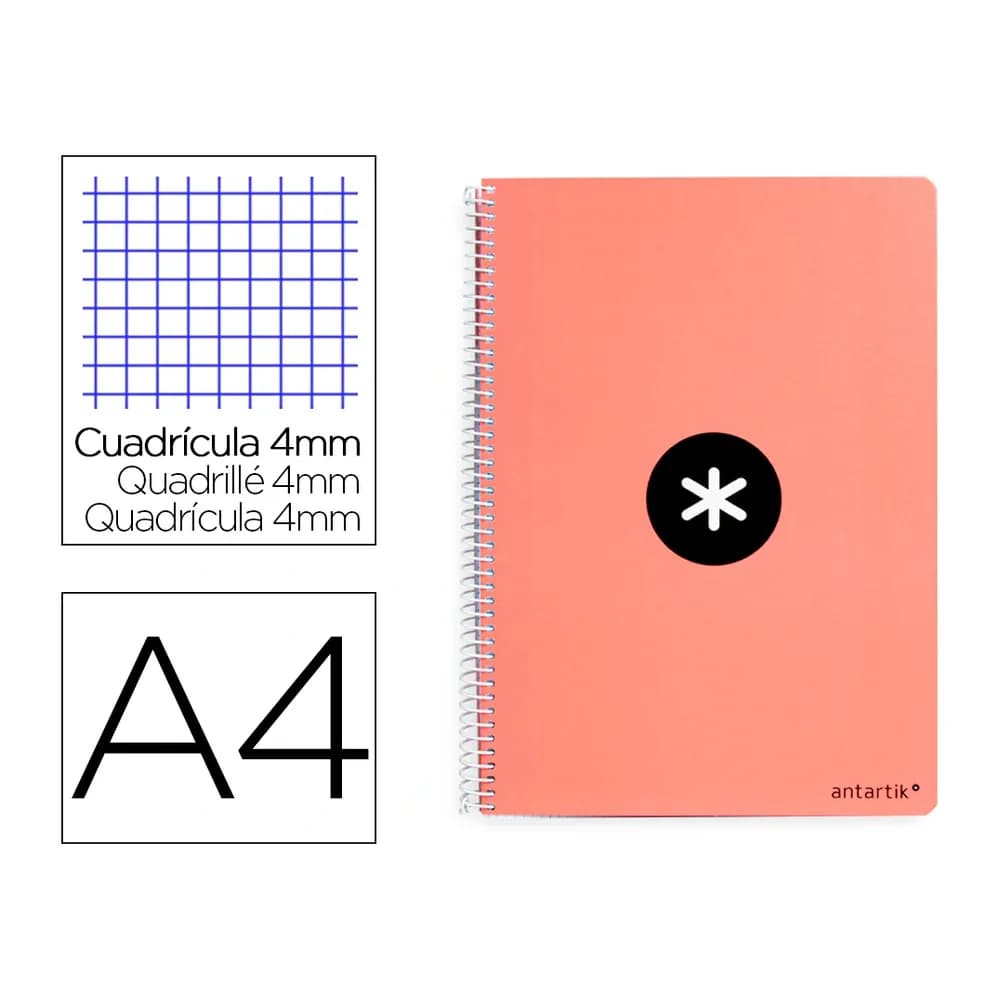Antartik Cuaderno espiral a4 antartik tapa dura 80h 90gr cuadro 4mm con margen color coral