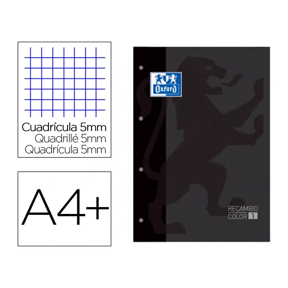 Oxford Recambio color 1 oxford din a4+ 80 hojas 90 gr cuadro 5 mm 4 taladros color negro
