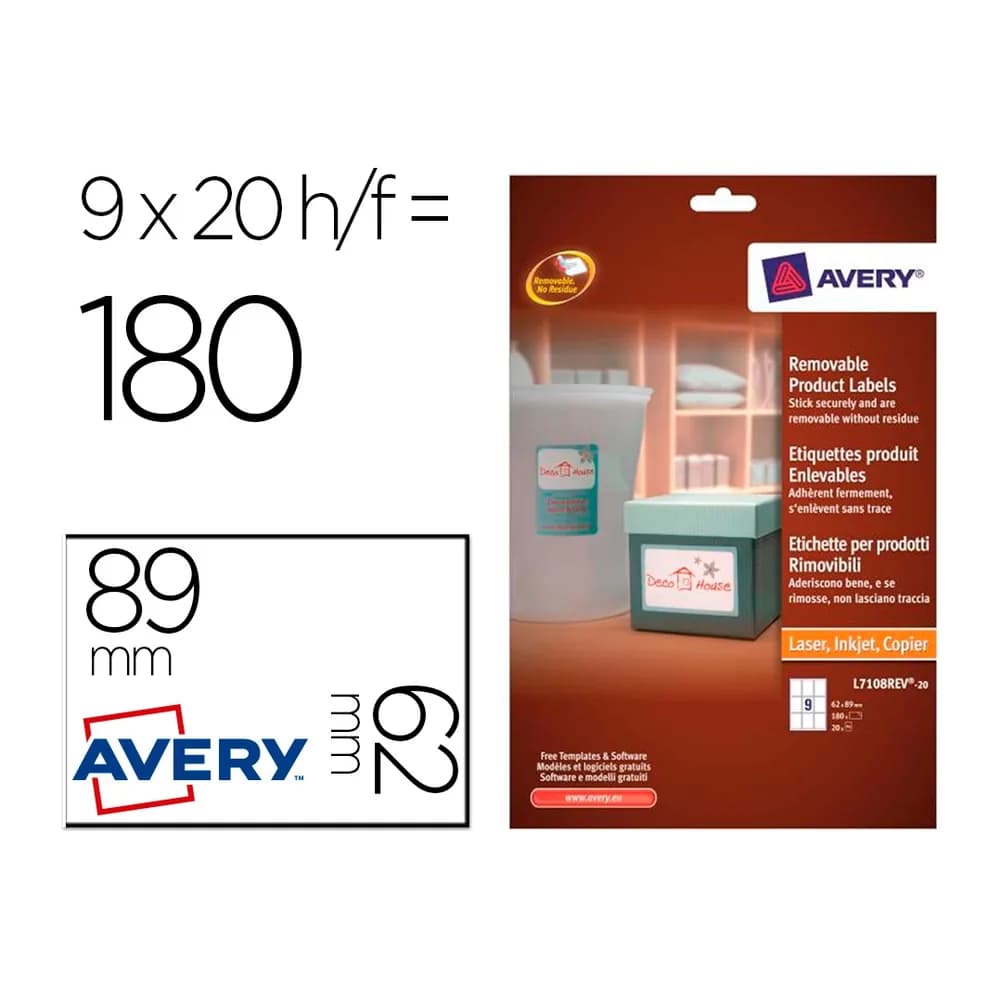Avery Etiqueta adhesiva avery removible para impresora laser inyeccion tinta fotocopiadora blanca 62x89 mm