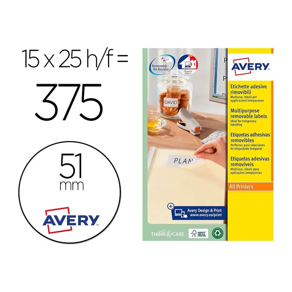 Avery Etiqueta adhesiva avery blanca redonda removible para laser ink-jet fotocopiadora 51 mm caja de 375 unidades