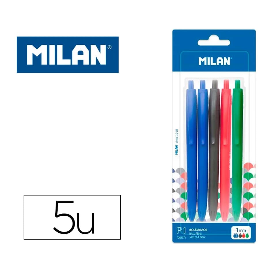 Milan Boligrafo milan p1 retractil 1 mm touch blister de 5 unidades colores surtidos