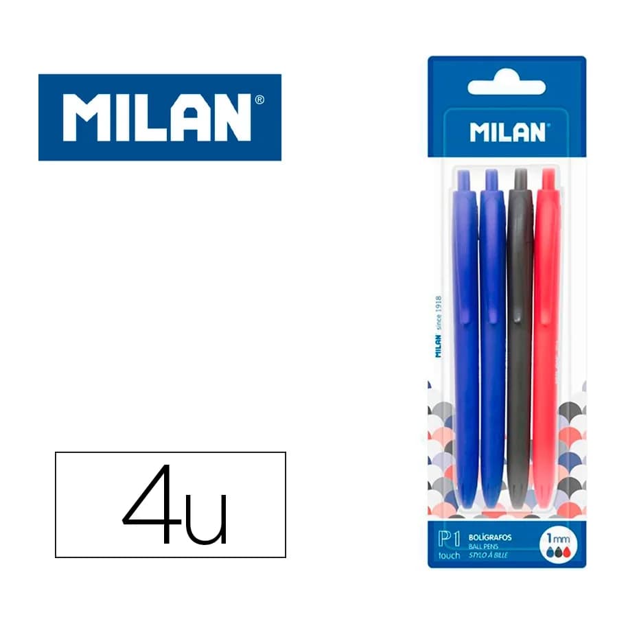 Milan Boligrafo milan p1 retractil 1 mm touch blister de 4 unidades colores surtidos
