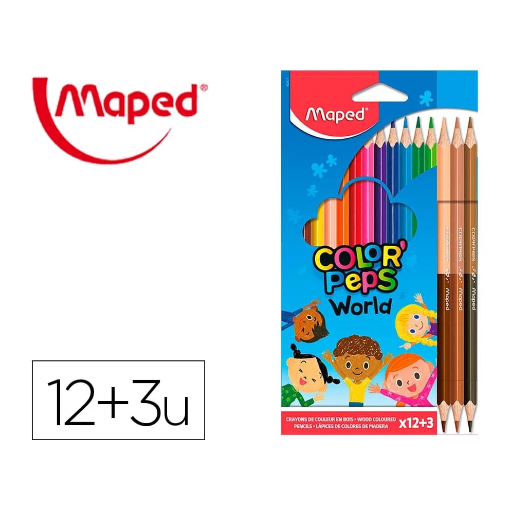 Maped Lapices de colores maped color peps world caja de 12 colores surtidos + 3 duo tonos de piel