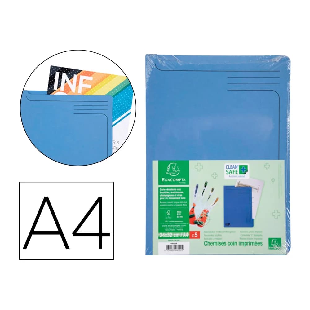 Exacompta Carpeta dossier uñero exacompta clean safe cartulina 400 gr din a4 azul paquete de 5 unidades