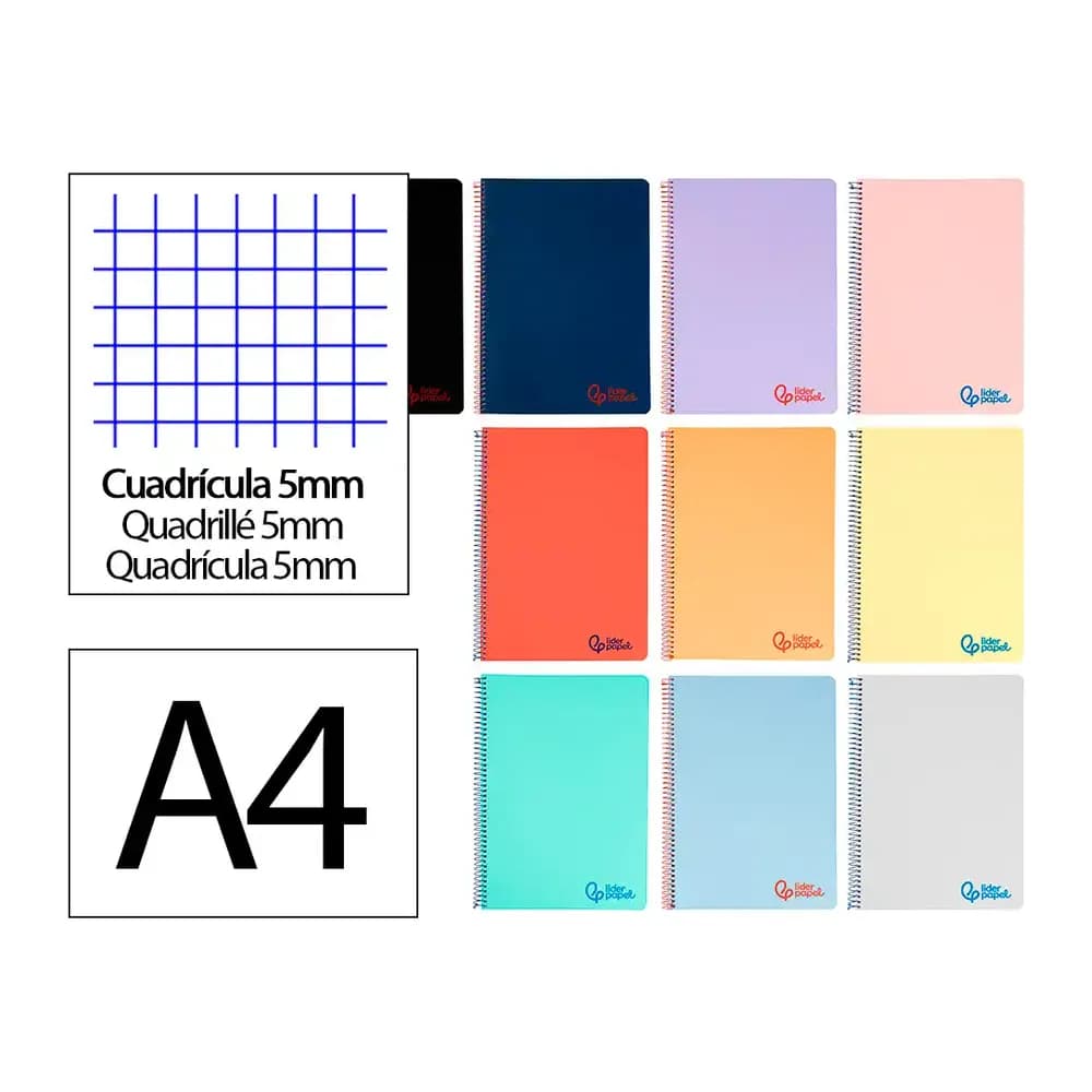 Liderpapel Cuaderno espiral liderpapel a4 wonder tapa plastico 80h 90gr cuadro 5mm con margen colores surtidos