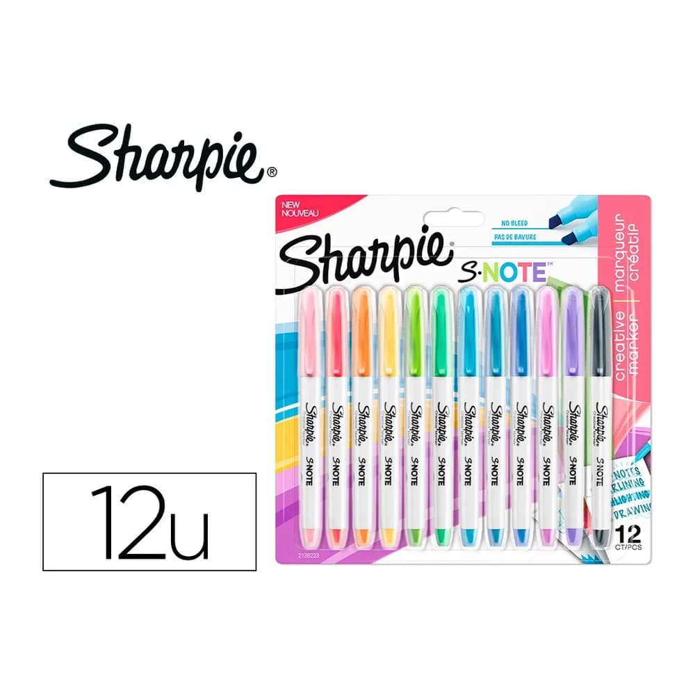 Sharpie Rotulador sharpie permanente s-note punta biselada trazo 1,2 /3,87 mm blister 12 unidades colores surtidos