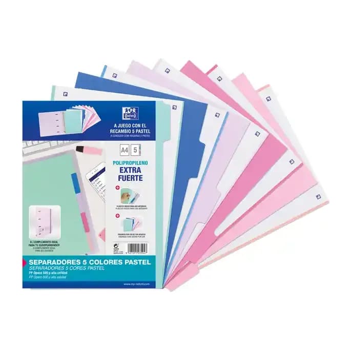 Oxford Separadores de plastico oxford polipropileno 500 mc colores pastel juego de 5 separadores