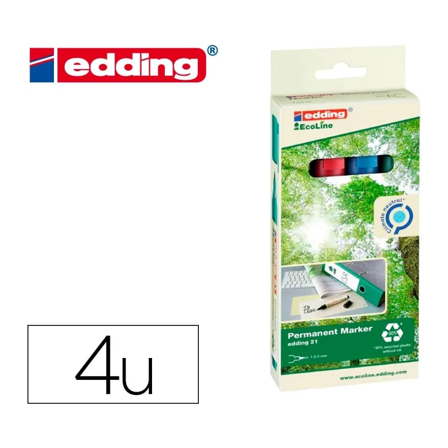 Edding Rotulador edding 21 marcador permanente ecoline 90% reciclado bolsa 4 colores surtidos punta redonda 1,5-3