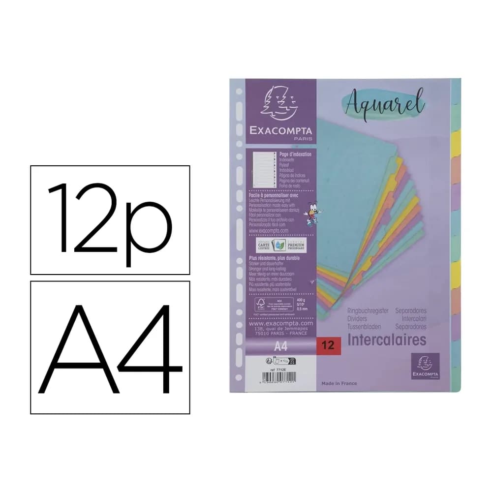 Exacompta Separador exacompta aquarel cartulina lustrada juego de 12 separadores din a4 colores pastel