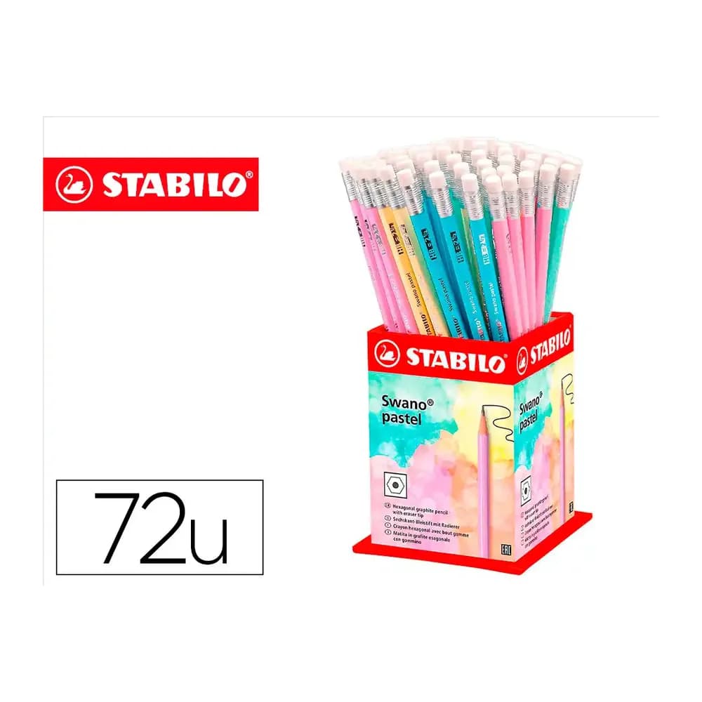Stabilo Lapices de grafito con goma stabilo swano mina 2,2 mm dureza hb expositor de 72 unidades colores pasteles