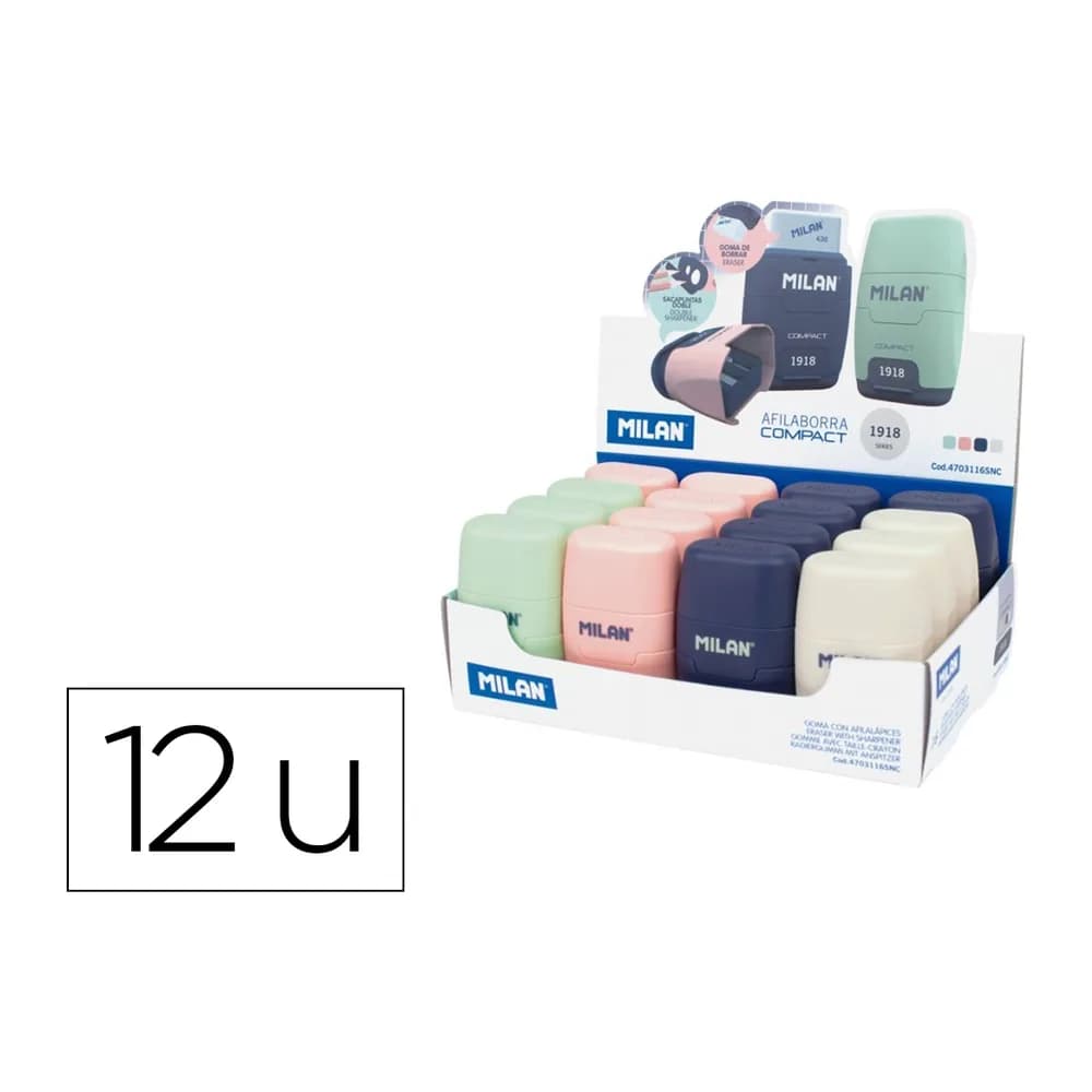 Milan Sacapuntas milan compact serie 1918 plastico 2 usos con goma de borrar expositor de 16 unidades colores
