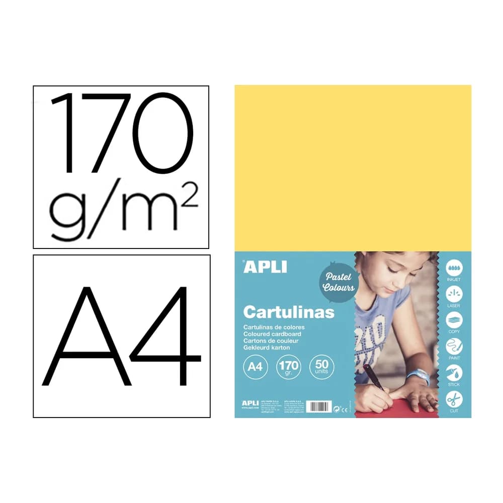 Apli Cartulina apli din a4 170g/m2 amarillo claro paquete de 50 hojas