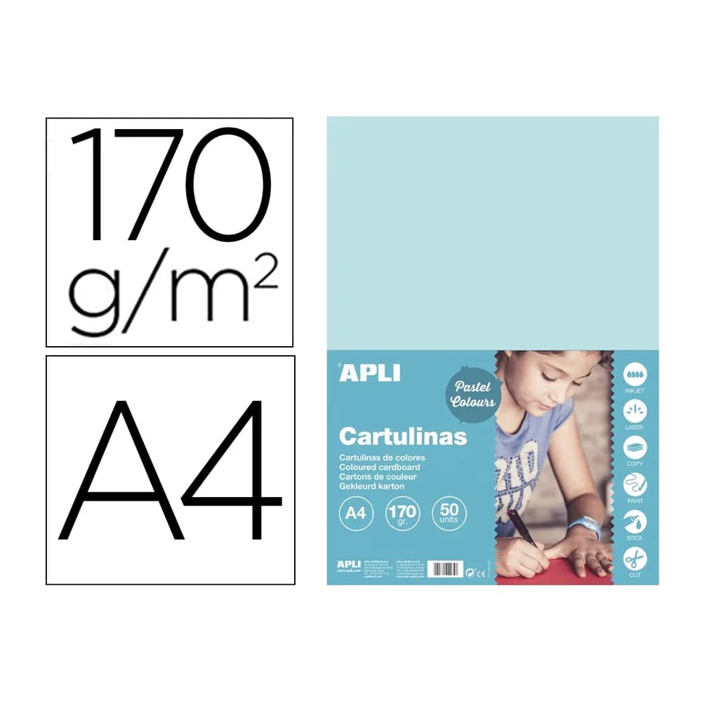 Apli Cartulina apli din a4 170g/m2 azul claro paquete de 50 hojas