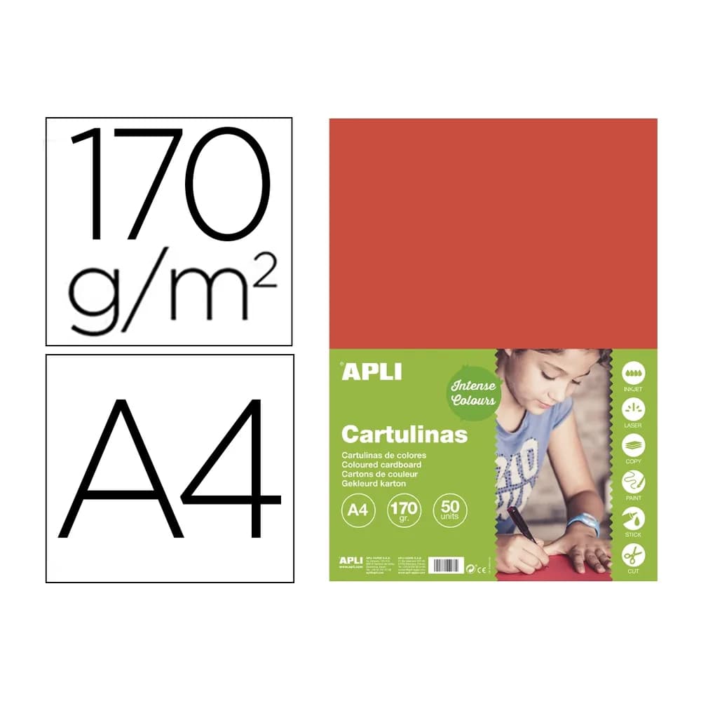 Apli Cartulina apli din a4 170g/m2 rojo paquete de 50 hojas