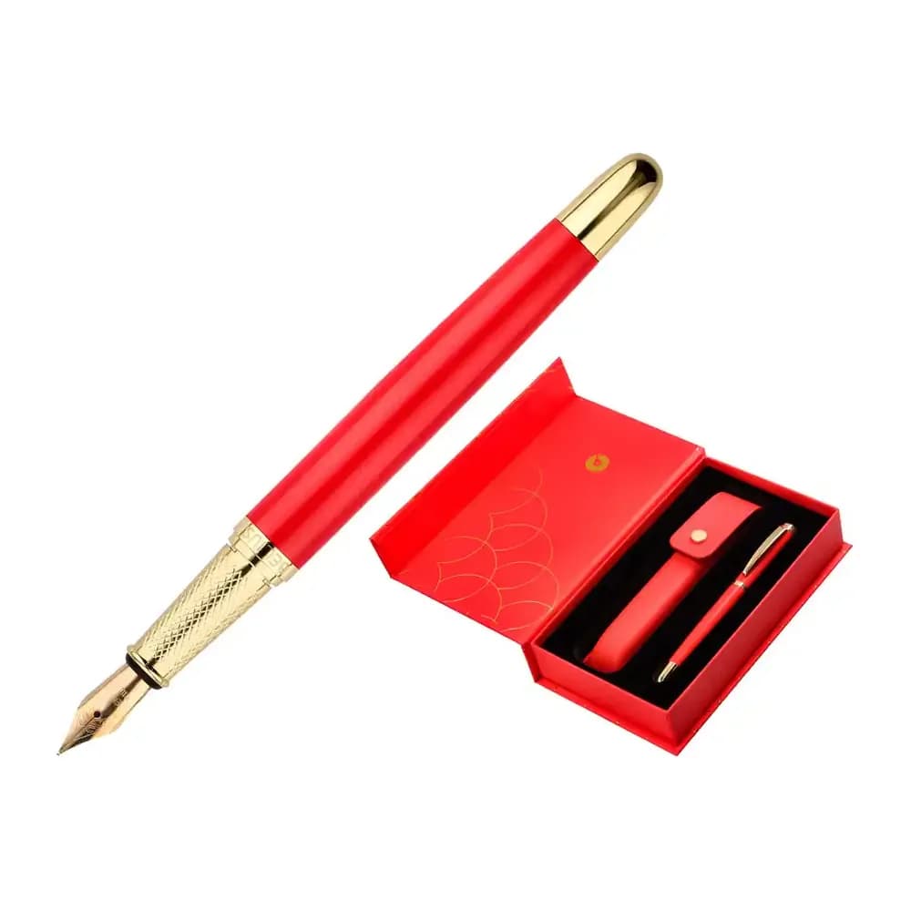 Belius Pluma y estuche cuero belius passion dor aluminio textura cepillada color rojo y dorado tinta azul caja de diseño